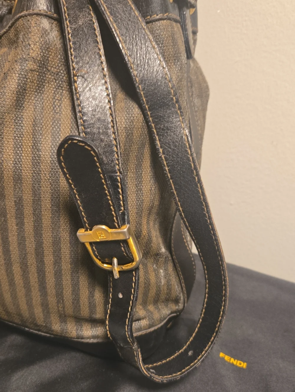 Fendi Brown Striped Canvas Drawstring Crossbody Bag with Pouch